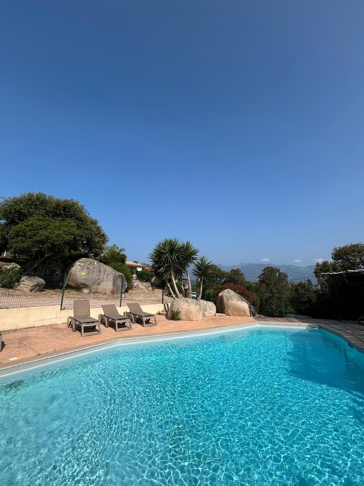 A clear blue pool with lounge chairs, a rocky landscape, and trees in the background.