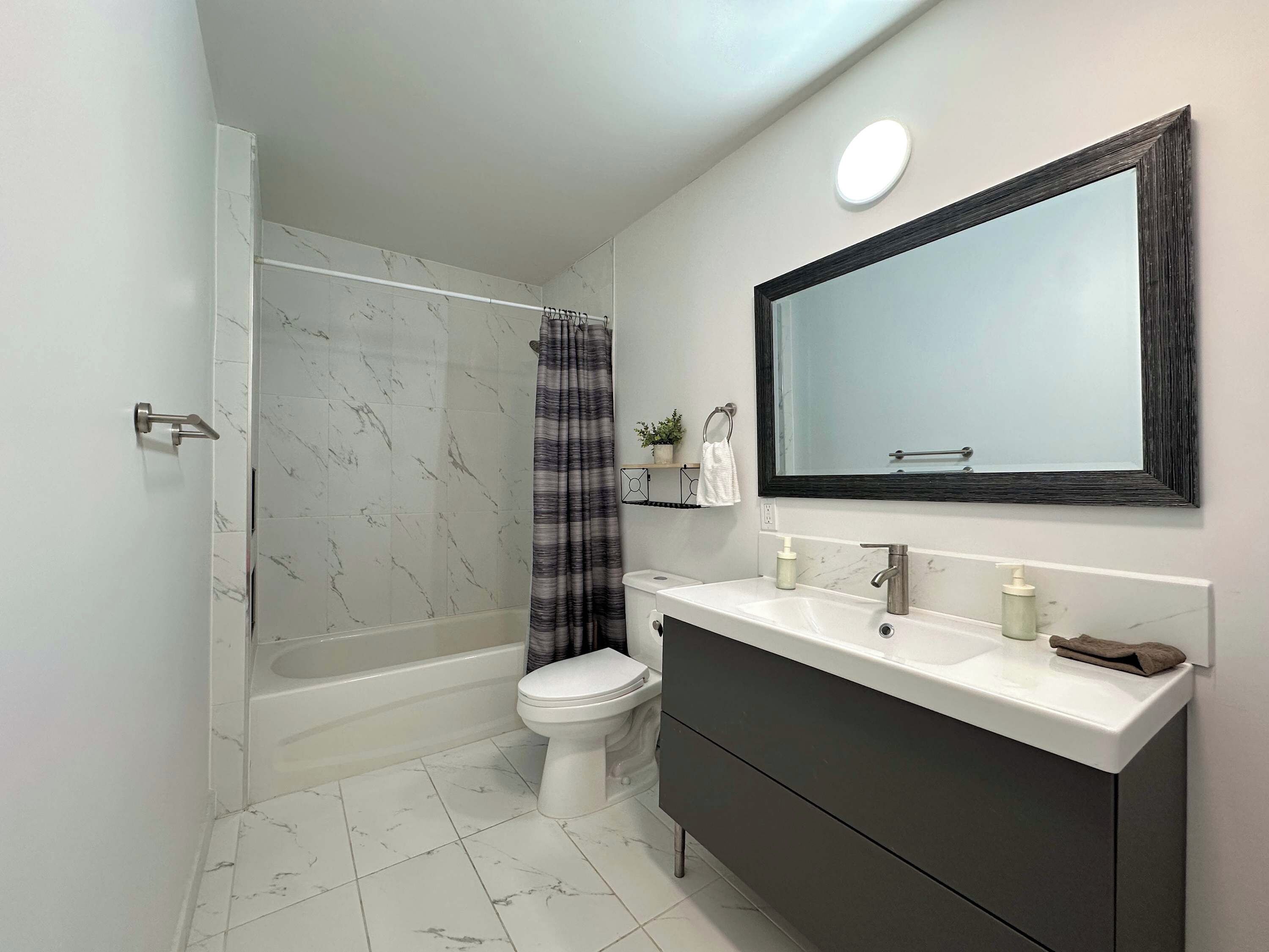 Shower, hair dryer, shampoo