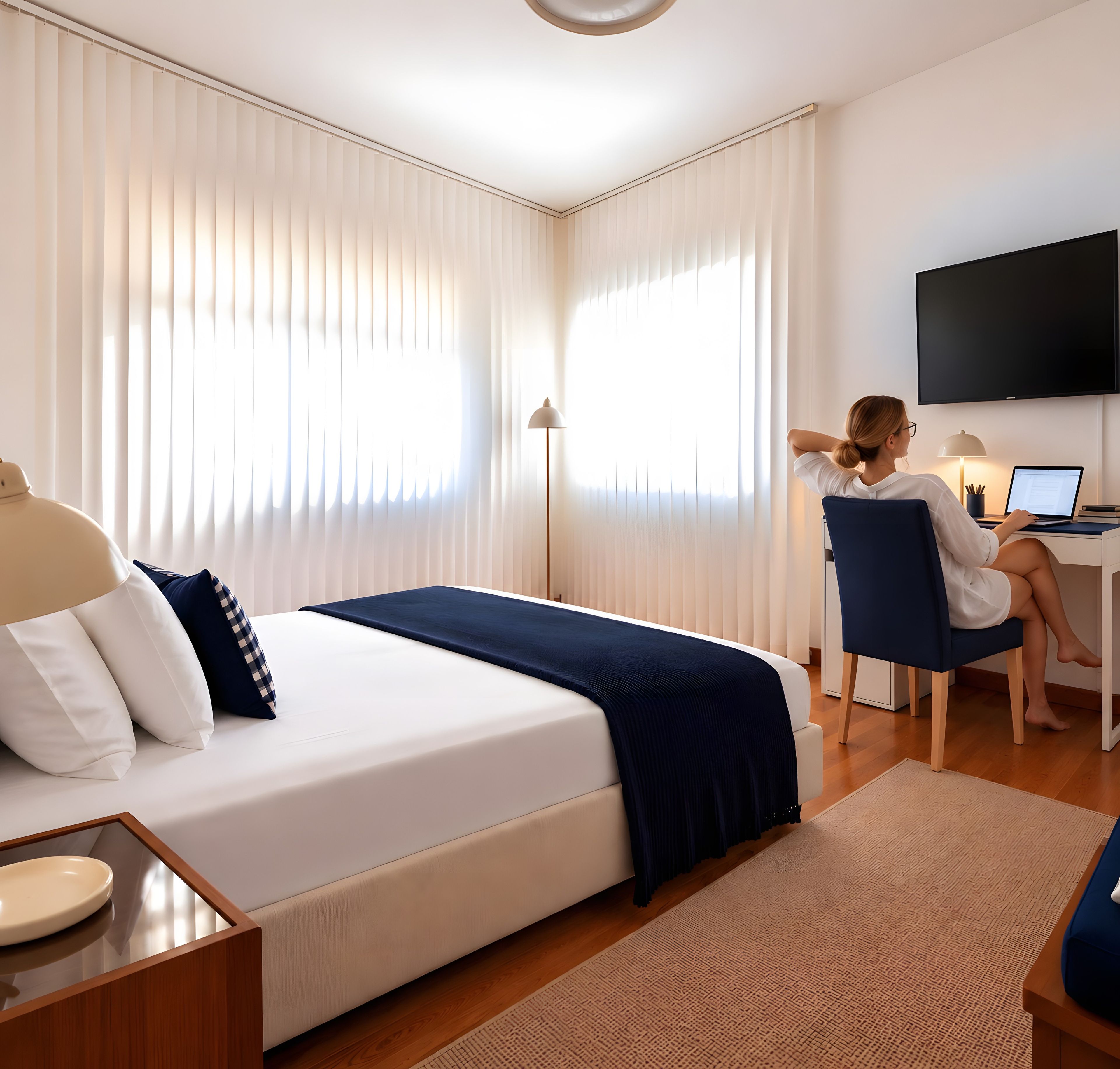 Habitación de hotel con cama, escritorio, silla, televisión y ventana con cortinas.
