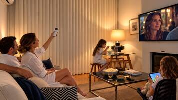 A living room with a sofa, a coffee table, a TV, and a child playing with a tablet.