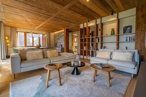 Un salon spacieux avec deux canapés, une table basse et une bibliothèque.
