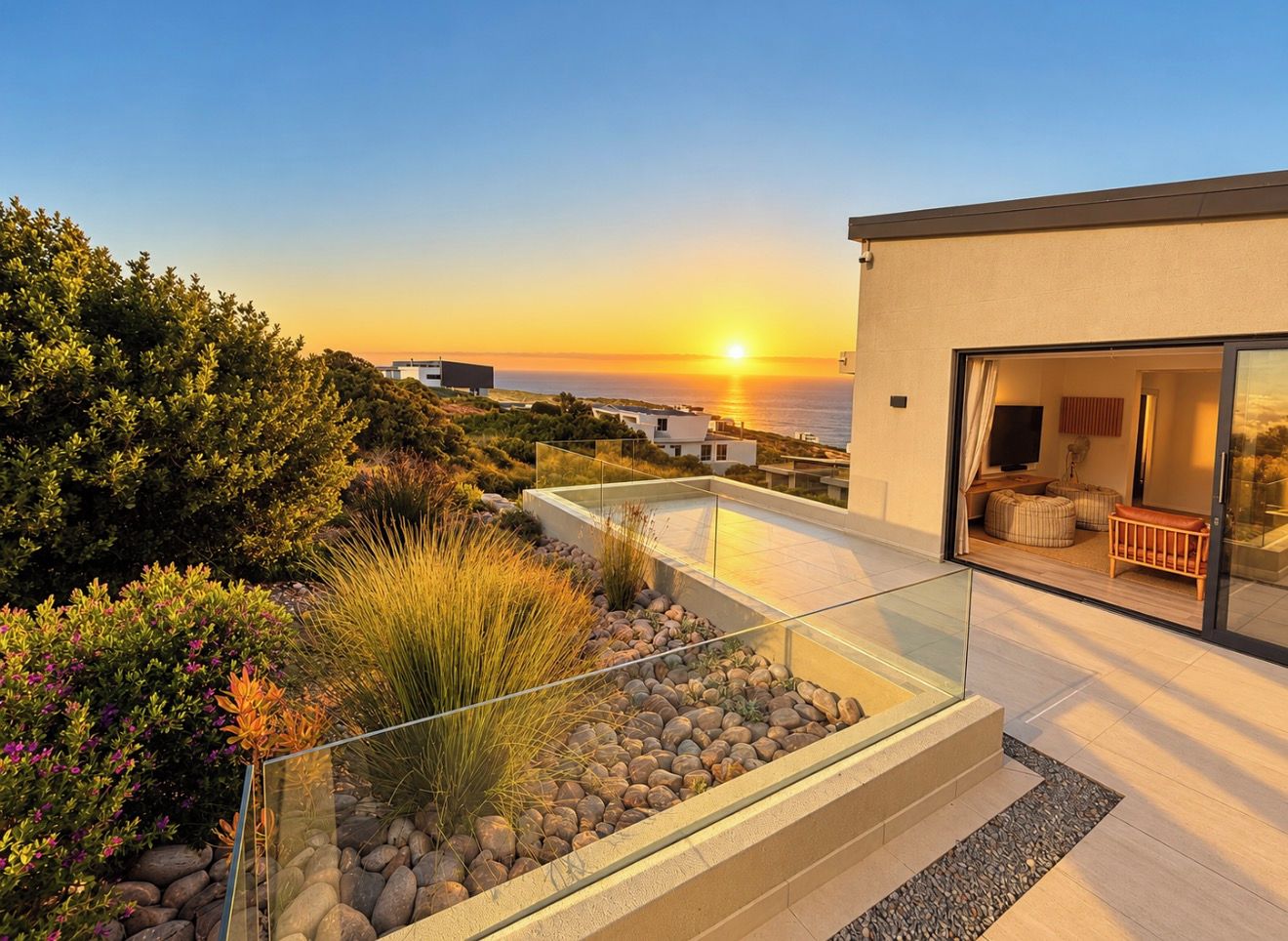 A modern building with a glass balcony overlooking a landscaped garden and the sea at sunset.