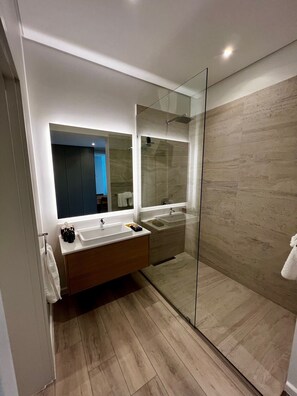 Shower, hair dryer, towels, soap