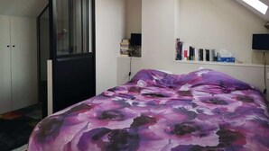 A bedroom with a bed, a wardrobe, a skylight, and bookshelves. - Bail Mobilité, Grand Loft hypercentre de Lille (Lille)