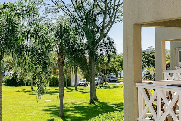 A view of a lush green lawn with palm trees and a white fence.