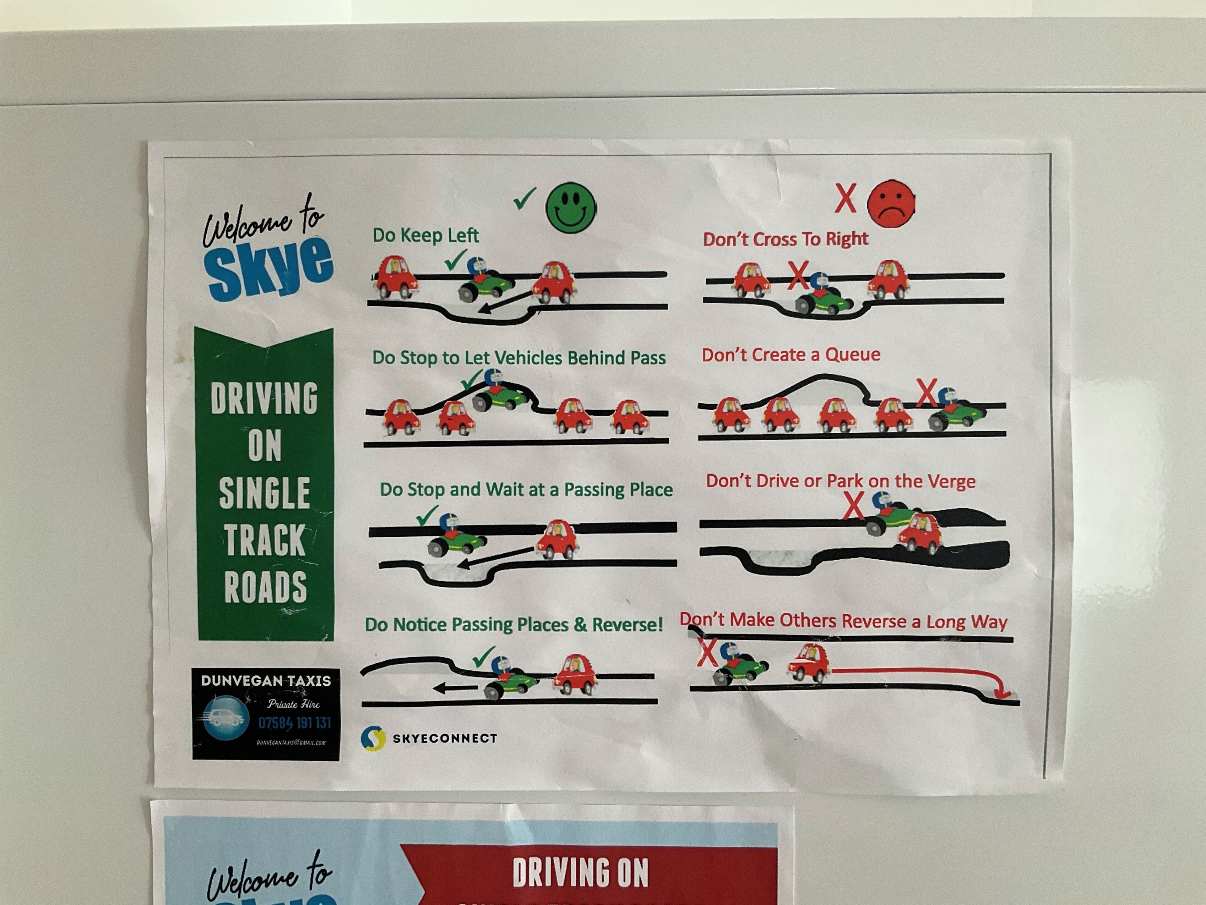 A driving safety poster with instructions and illustrations.