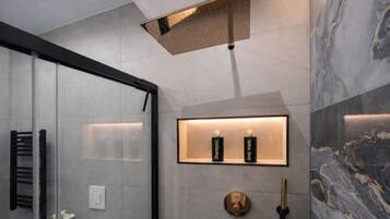 Hair dryer, towels, soap, shampoo