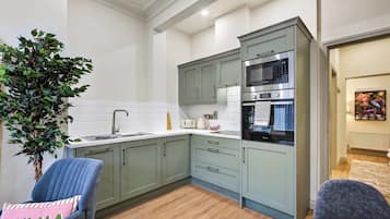 Una cocina moderna con horno integrado, un lavabo y una encimera. Hay una planta en maceta y una silla con cojín.