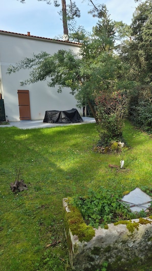 Une cour verdoyante avec un bâtiment blanc, une table abritée et un arbre.