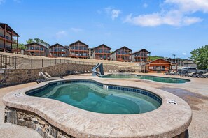 A resort with multiple guest rooms, a hot tub area, and a pool. - 3BR Gather & Unwind | Hot Tub + Lake + Coffee Bar (Branson)
