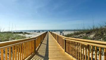 On the beach, sun loungers
