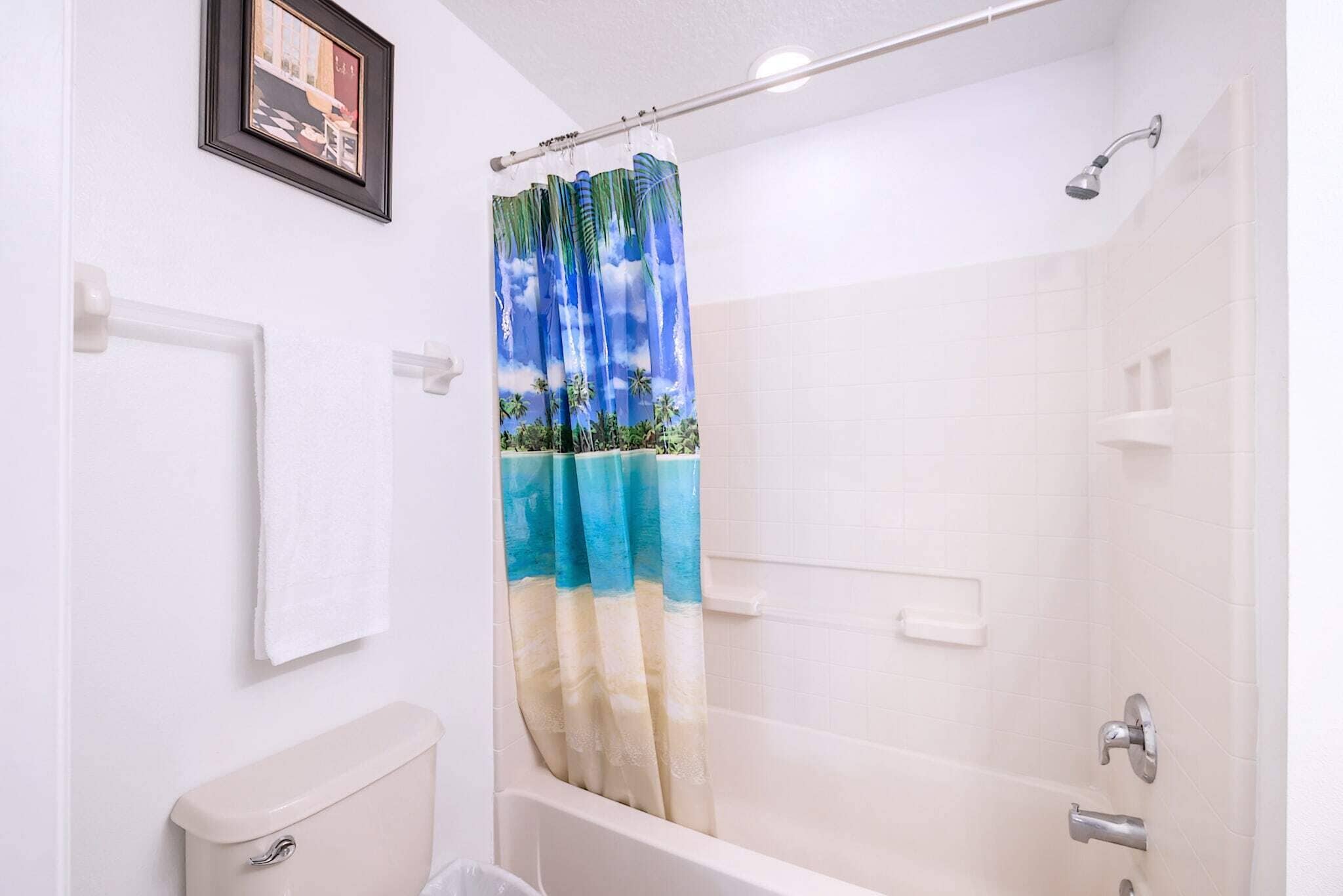 Un baño con inodoro, ducha con cortina de motivos playeros y un cuadro en la pared.