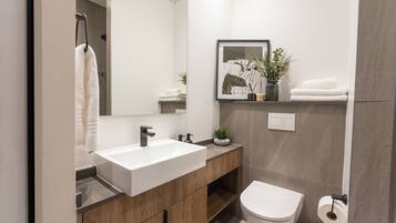 Hair dryer, towels, soap, toilet paper