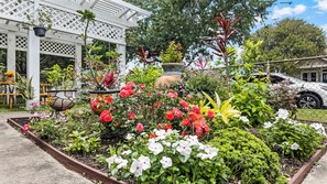 Ein Garten mit verschiedenen Pflanzen und Blumen, eine weiße Pergola und ein geparktes Auto in Weiß in der Nähe.