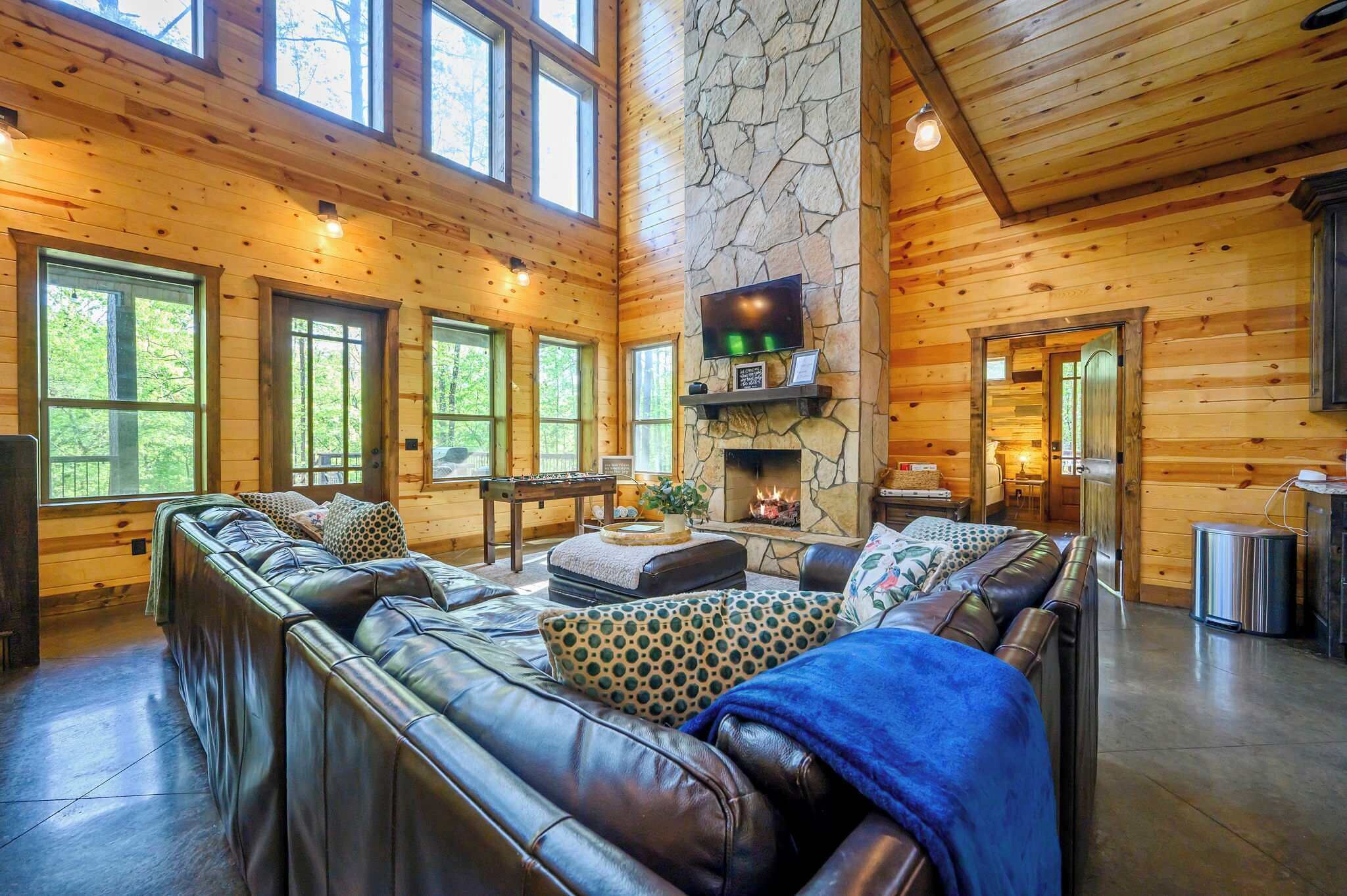TV, fireplace, video games, foosball