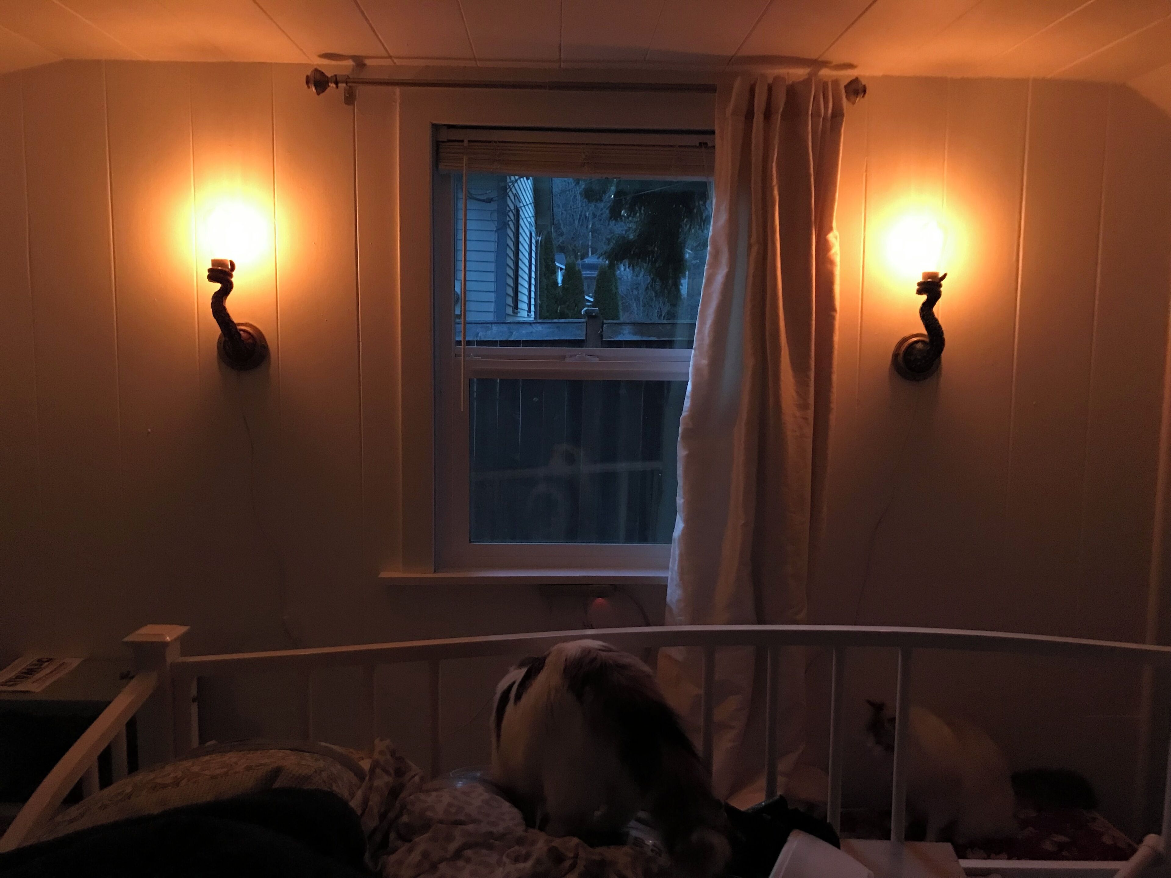 Een zwak verlichte kamer met een raam, twee wandlampen, een wieg en een boom die buiten zichtbaar is.