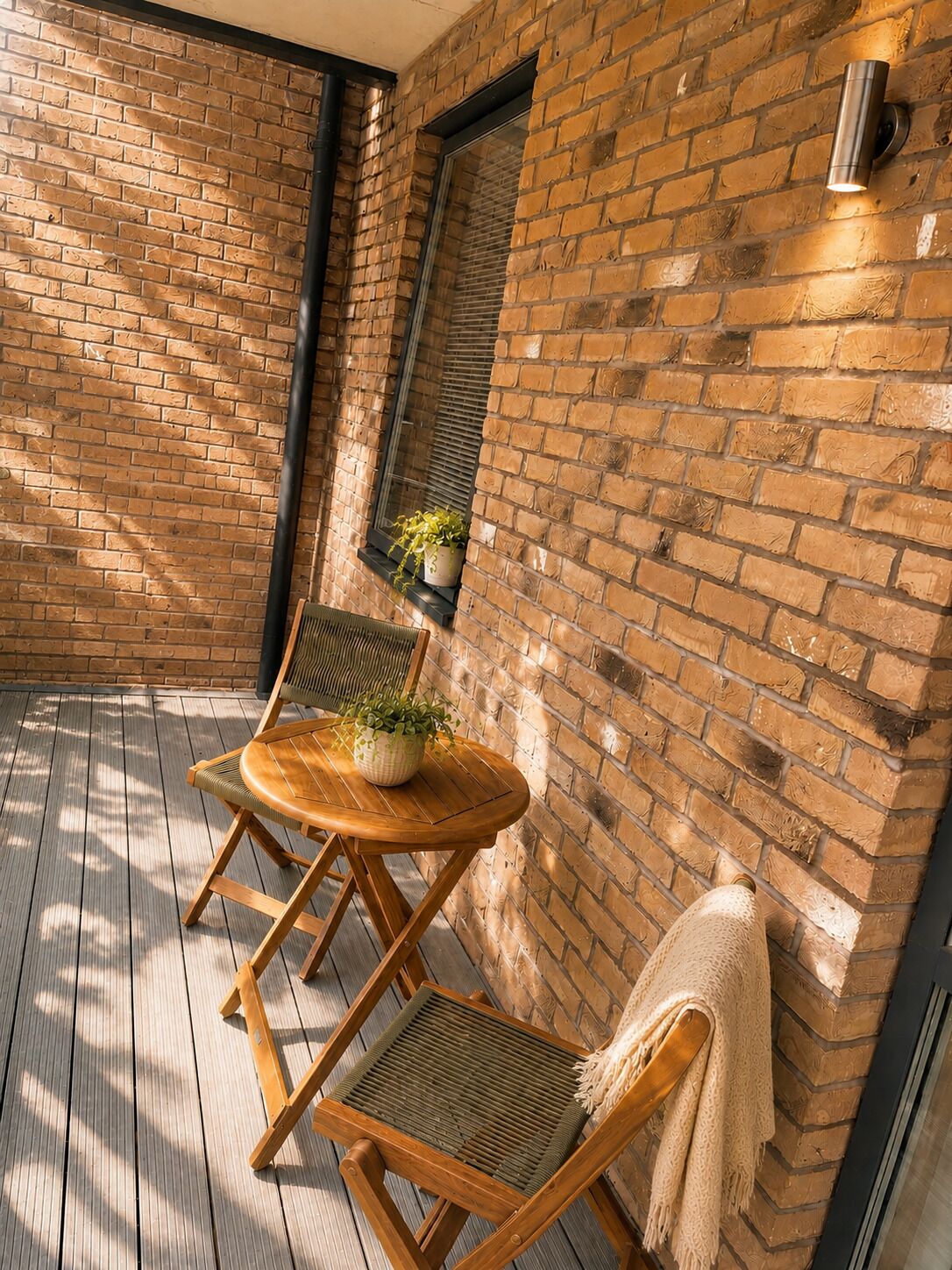 A wooden deck with two chairs and a table, a brick wall, and a window with blinds.
