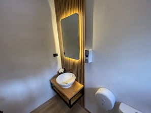 Une salle de bain moderne avec un meuble-lavabo en bois, un lavabo blanc, un miroir avec un cadre en bois et des toilettes.