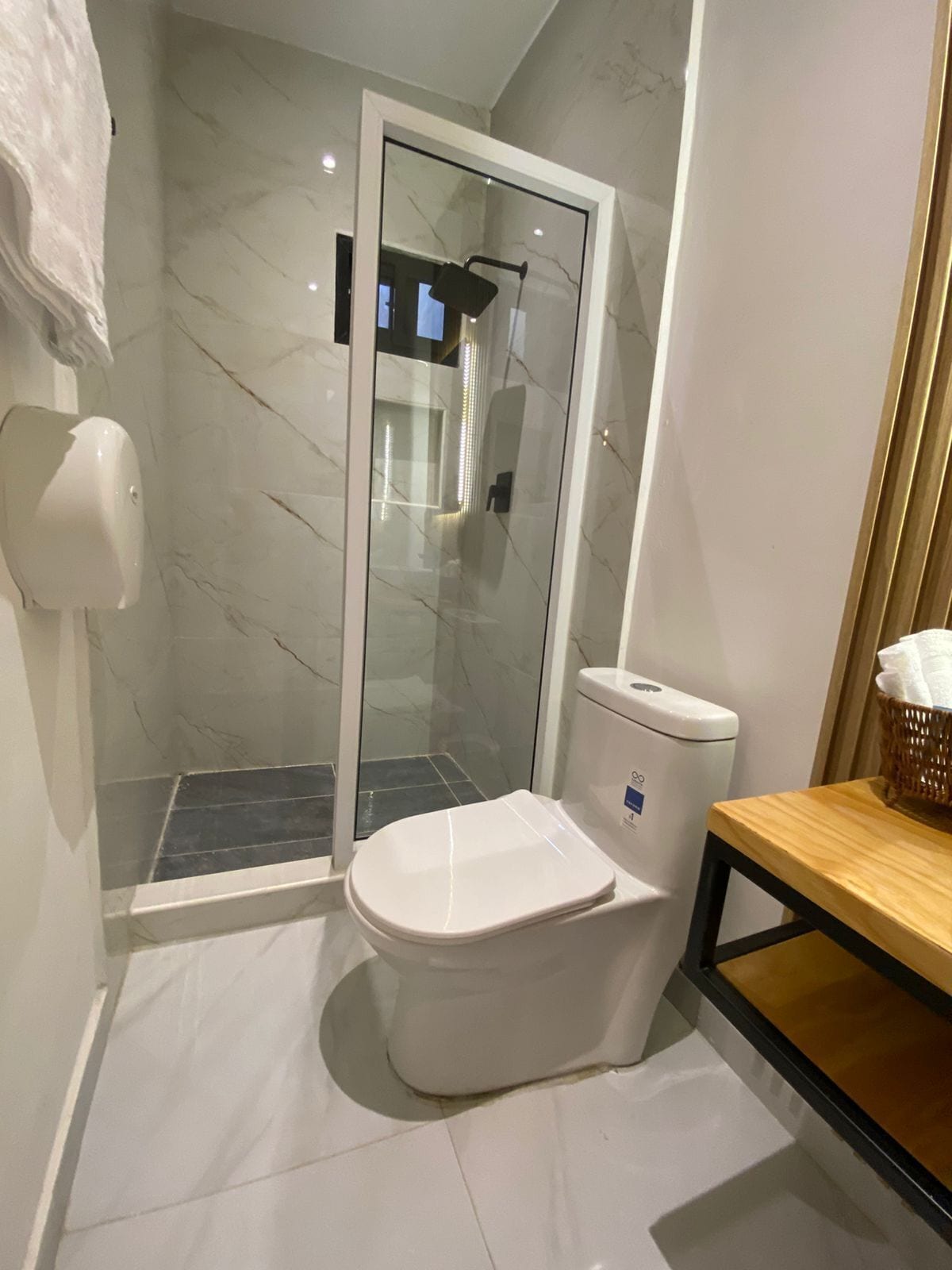 A bathroom with a toilet, a glass shower enclosure, and a hand dryer.
