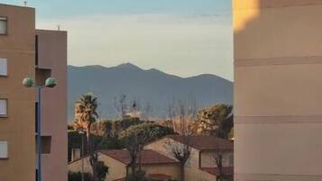 A residential area with buildings, parked cars, and a mountain in the background.