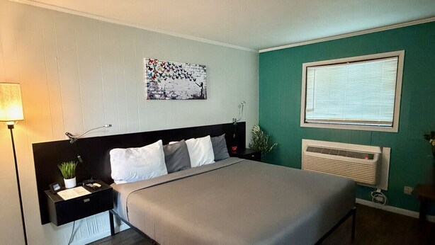 Une chambre à coucher comprenant un lit, une table de chevet, une lampe et un climatiseur fixé au mur.
