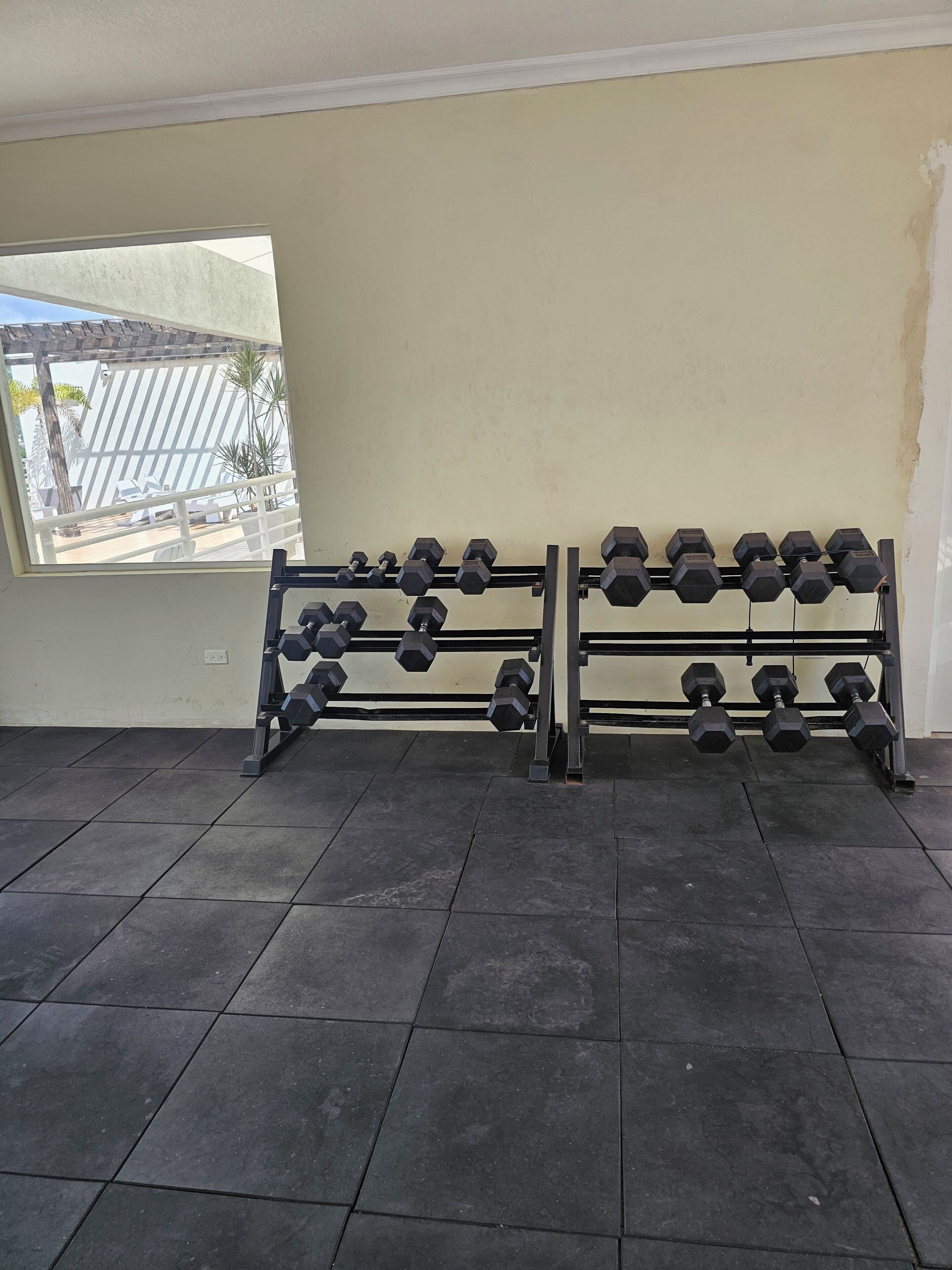 Ein Fitnessraum mit Gewichtsstange und Fenster mit Blick nach draußen.