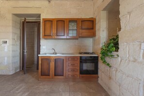A kitchen with wooden cabinets, a dishwasher, and an oven. - B&B Masseria Furca - Appartamento PP (Otranto)