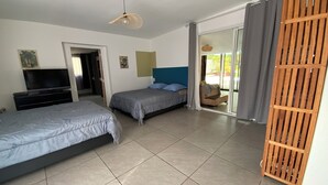 A hotel room with two beds, a TV, a ceiling fan, and a sliding glass door to the outside. - La Casa 974 (Saint-Pierre)