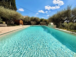 A clear swimming pool with a tiled edge, surrounded by greenery and a small wooden structure. - Villa Lorea (Lorgues)