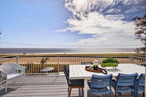 Eine Terrasse mit Tisch und Stühlen, einer weißen Korbsitzbank und einem Pflanzgefäß mit Grünpflanzen.