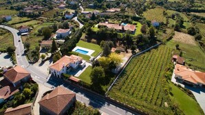 An aerial view of a residential area with houses, a swimming pool, and vineyards. - QUINTA DO MOSTEIRO:Charming refuge between history and nature (Ponte da Barca)