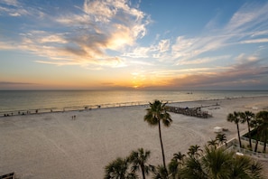 A beach with a wooden pier, palm trees, and a sunset. - Beach Palms - Direct Gulf Front Condo (Indian Shores)