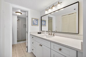 Shower, hair dryer, towels, soap - Beach Palms - Direct Gulf Front Condo (Indian Shores)