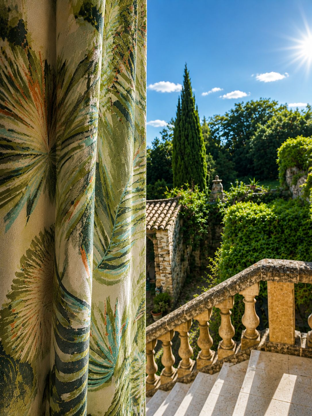 A balcony with stone balustrades and a view of a garden with trees and a stone wall.