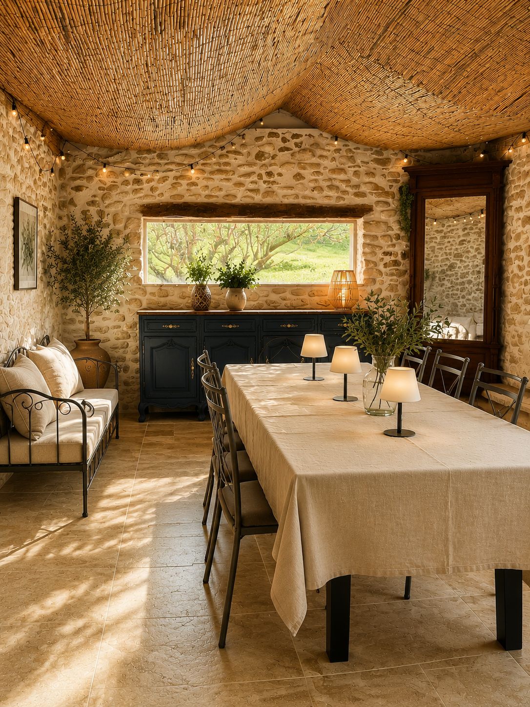 A rustic stone interior with a dining table, chairs, a sofa, and a window overlooking greenery.