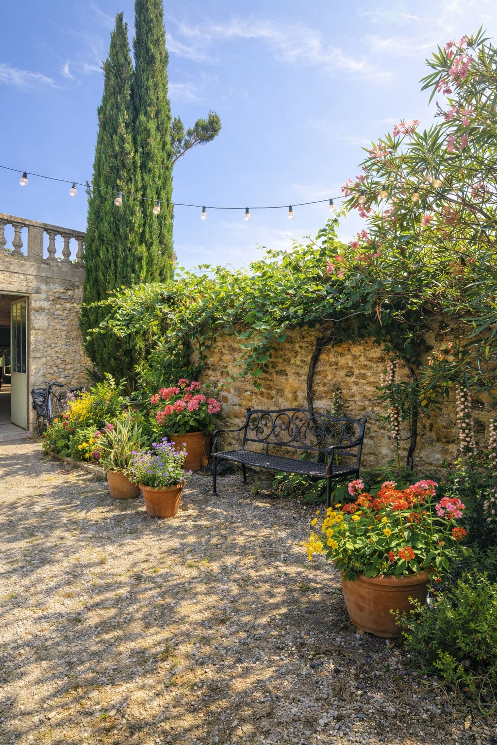 A stone wall with climbing plants, a bench, and potted flowers.