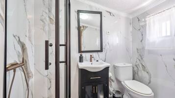 Shower, hair dryer, towels