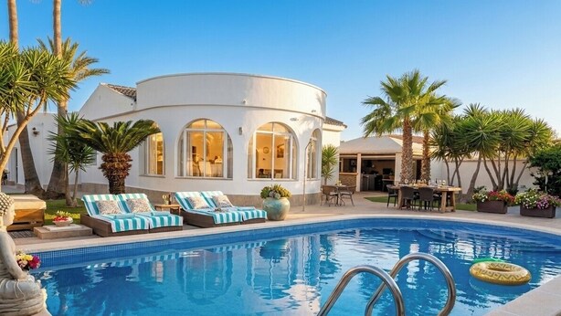 A poolside area with lounge chairs, a pool, and a building with arched windows.