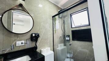 Bathroom | Shower, free toiletries, hair dryer, towels