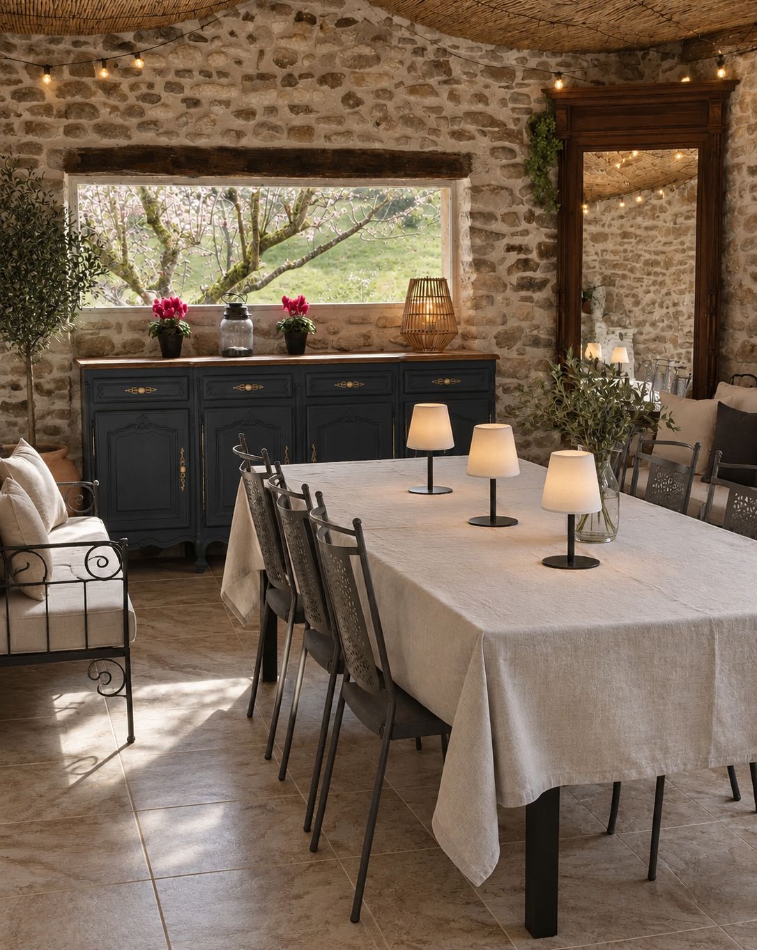 A stone-walled dining area with a table set for six, chairs, and a view of greenery outside.