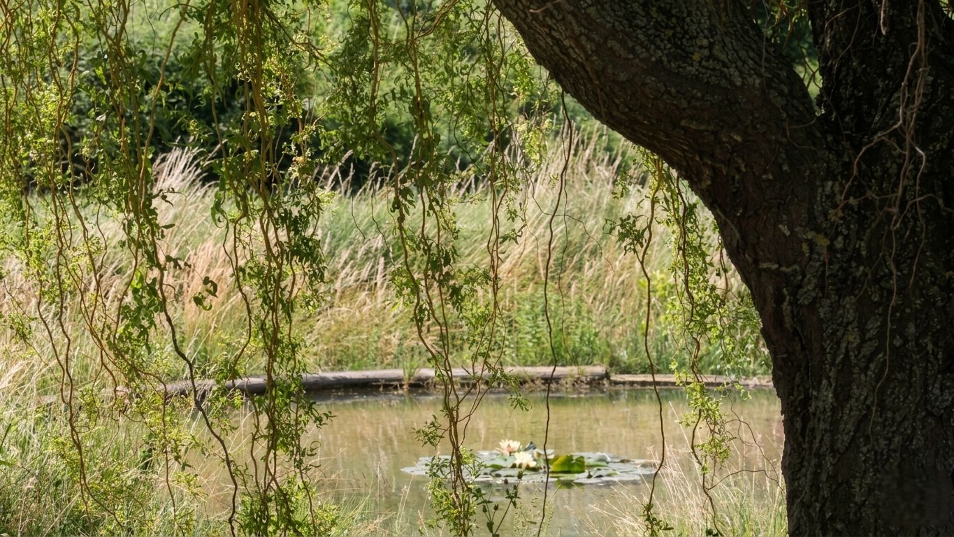 A natural outdoor scene with a tree trunk, a body of water, and surrounding vegetation.