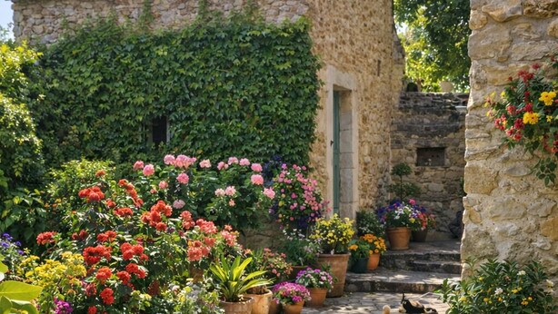 A stone building with a tiled roof, surrounded by a garden with various potted plants and flowers. - Le Mas d'Eylieux - Les Citronniers - Les Citronniers - Escapade in Southern Ardèche (Saint-Montan)