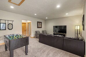 TV, fireplace, foosball