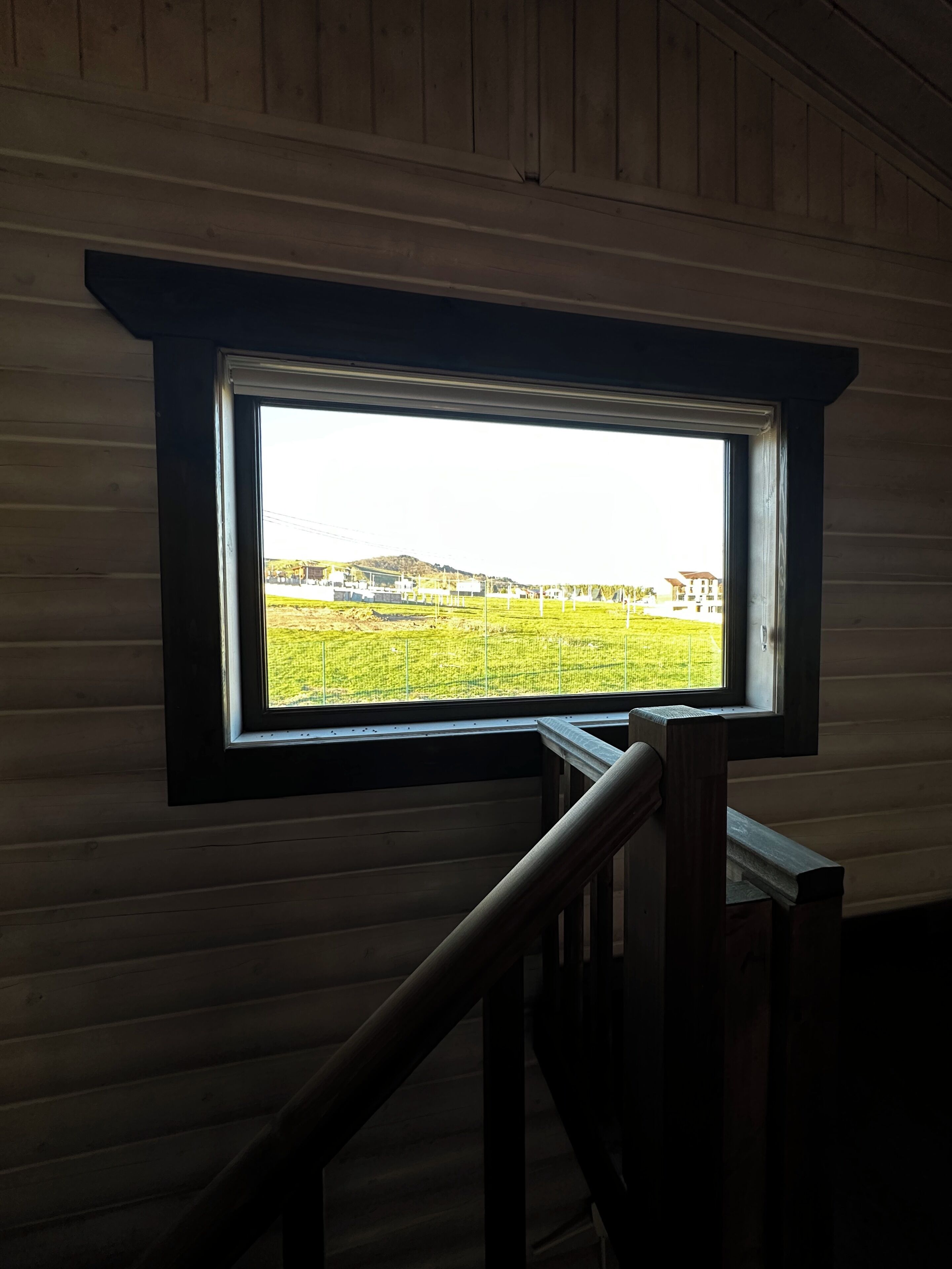 A window with a view of a green field and buildings in the distance.