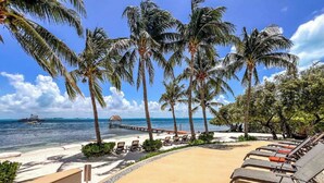 Resort à beira-mar com palmeiras, espreguiçadeiras e um píer que se estende para o oceano.