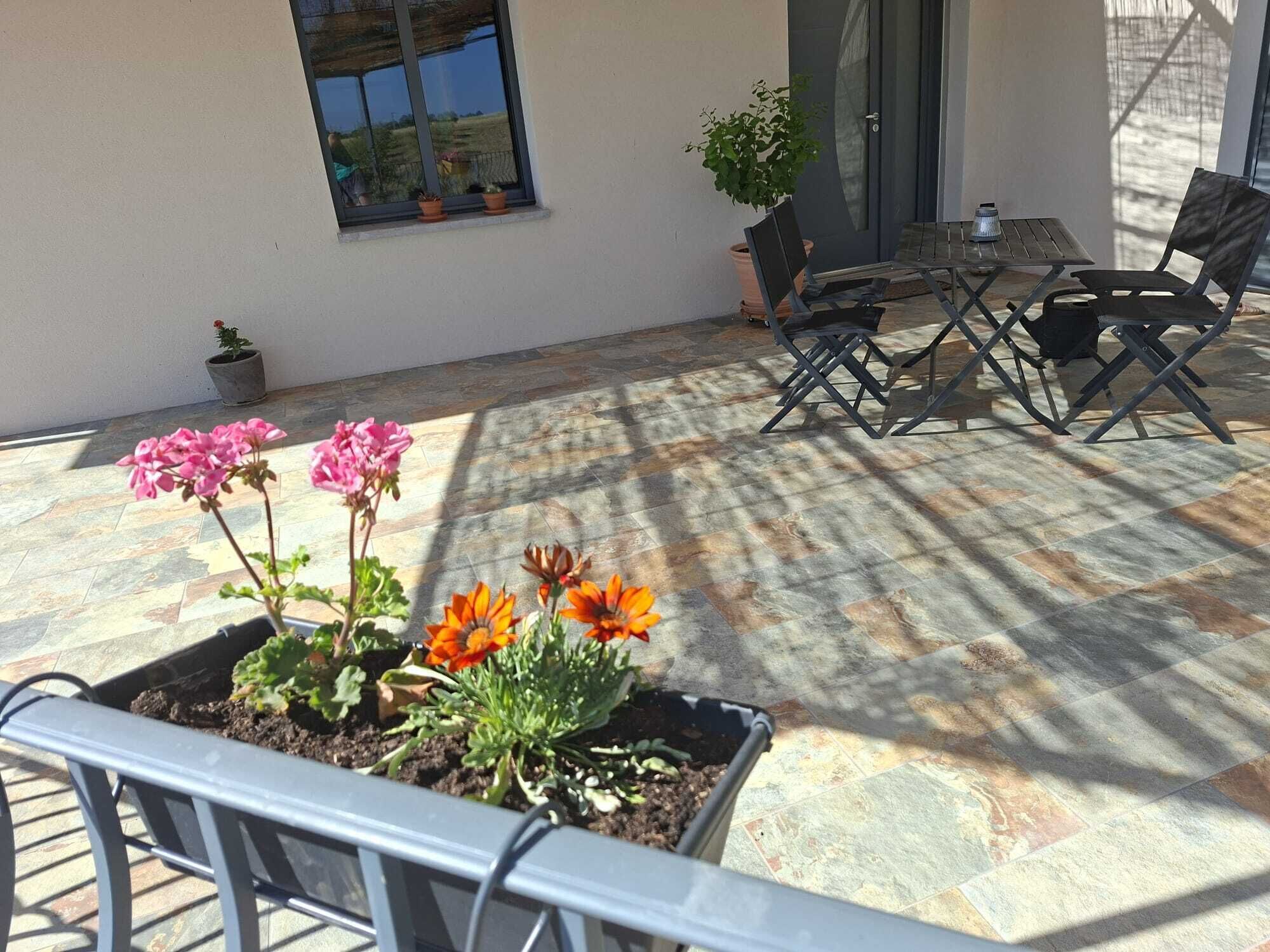 A patio with a table and chairs, potted plants, and a window with a view.