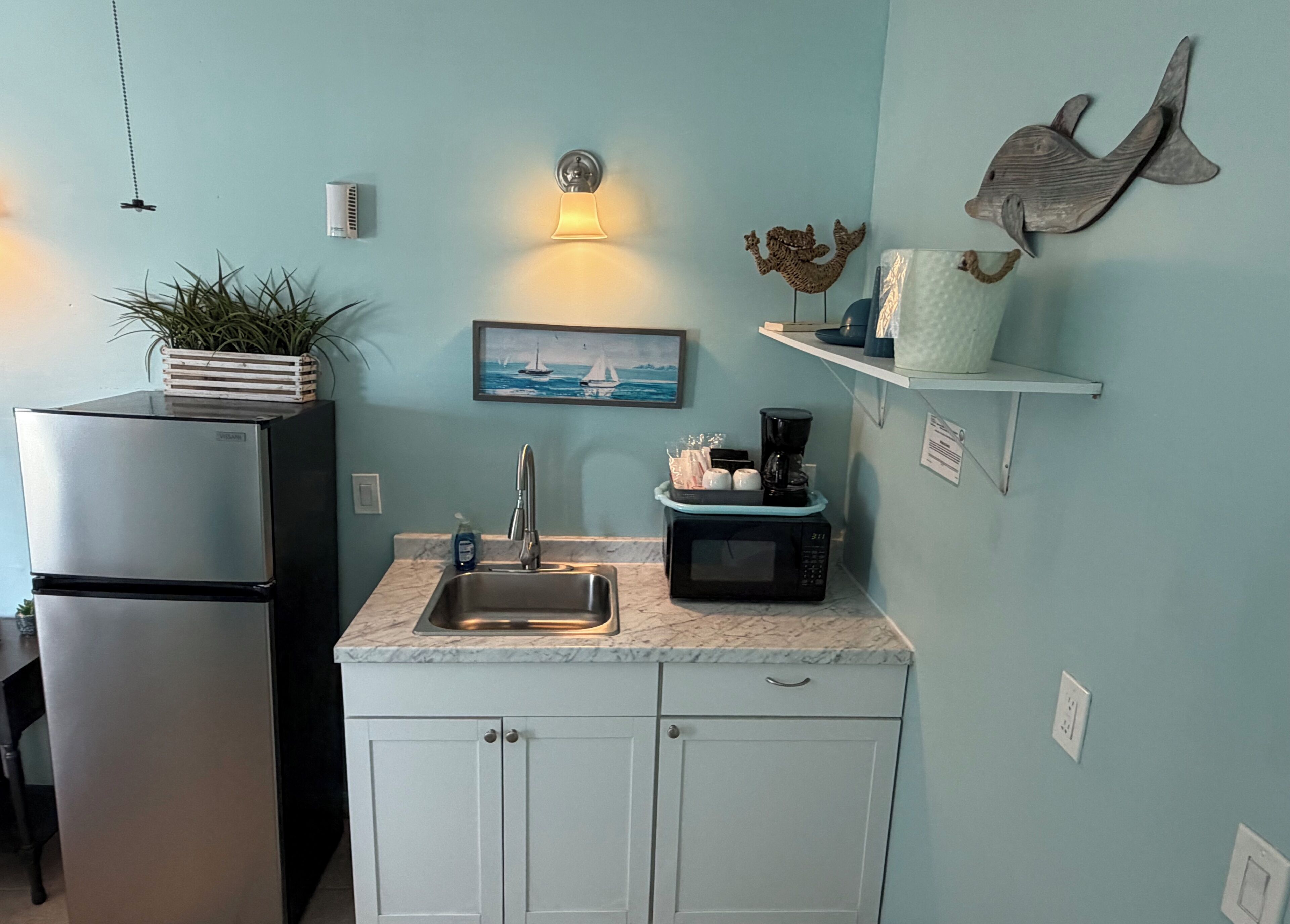 Une cuisine compacte équipée d’un réfrigérateur, d’un évier, d’un four à micro-ondes et d’une petite étagère où sont disposés des objets décoratifs.