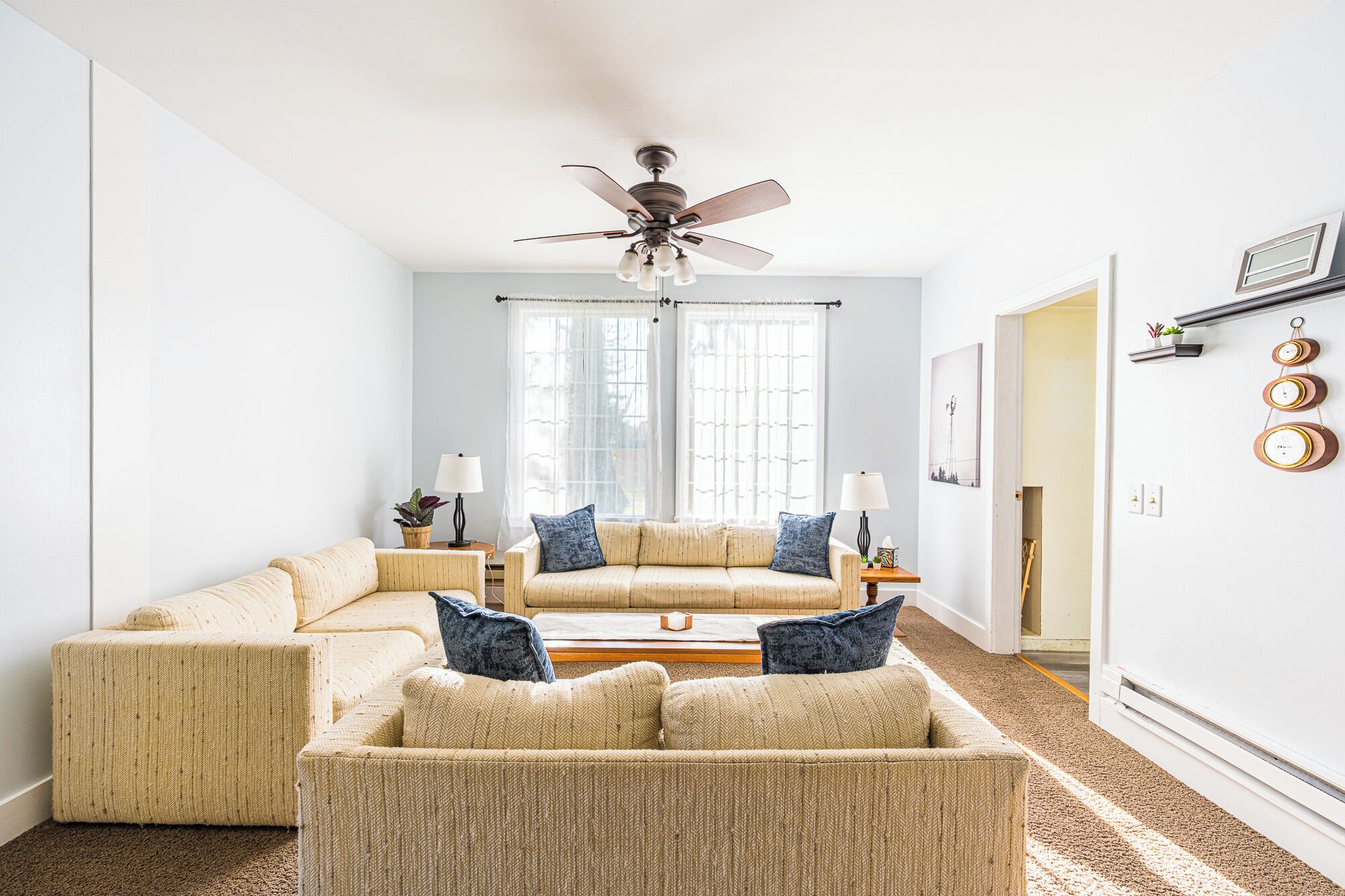 Smart TV, fireplace, books, stereo
