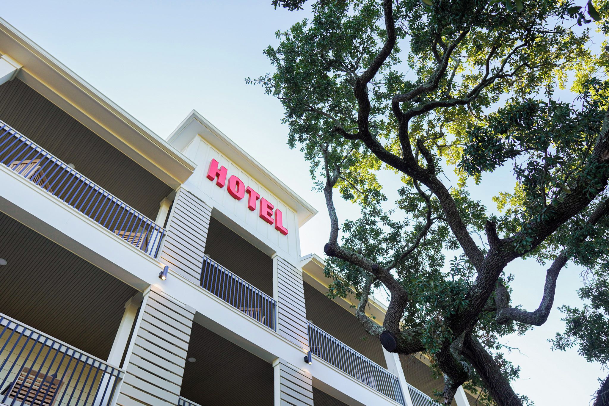 A hotel with a prominent 'HOTEL' sign, multiple balconies, and a large tree in the foreground.