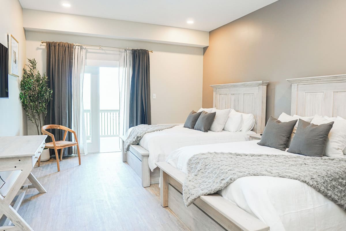 Une chambre avec deux lits, un bureau, une chaise et une plante en pot.